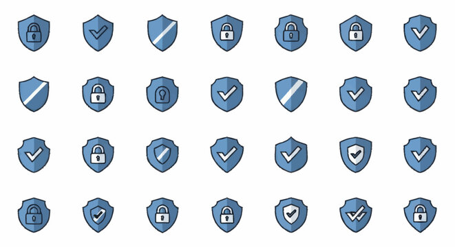 Collection of blue shield icons with security symbols.