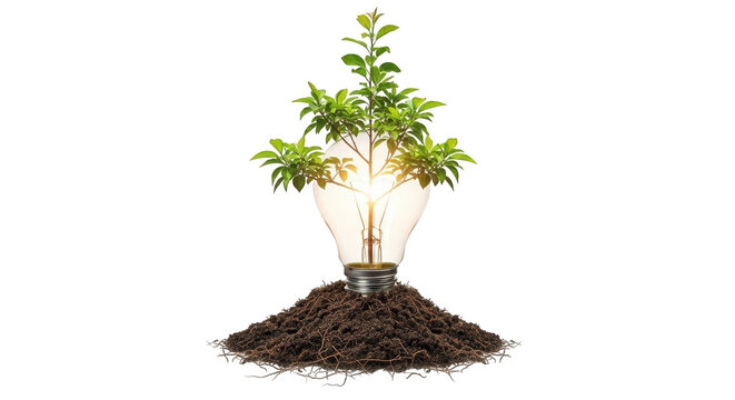 a small tree growing out of a pile of soil with a light bulb