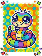 Obraz premium A whimsical, smiling baby snake with oversized eyes coils playfully on a vibrant, colorful abstract background, a charming cartoon illustration.