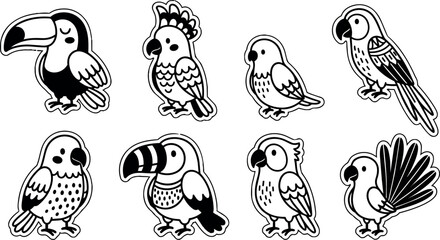 Obraz premium Eight different cartoon tropical birds illustration