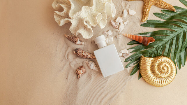 White perfume bottle surrounded by seashells and tropical leaves on sand