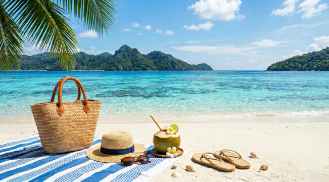 Vacanze tropicali: scena di relax sulla spiaggia con accessori estivi. Generative AI 