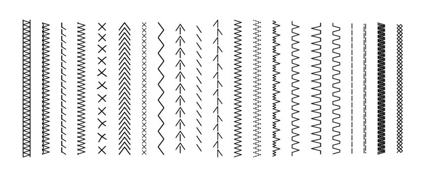 Vector stitch borders and decorative sewing lines. Geometric embroidery patterns with textile edges, cross-stitch elements, brush strokes, and thread design dividers for creative projects