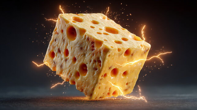 Cheese cube imploding with molten texture and glowing effect. Creative food concept highlighting stretch, heat, and rich dairy texture.