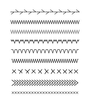 Geometric embroidery borders with decorative sewing patterns. Vector textile dividers featuring cross-stitch motifs, black thread elements, and seamless design edges for creative applications