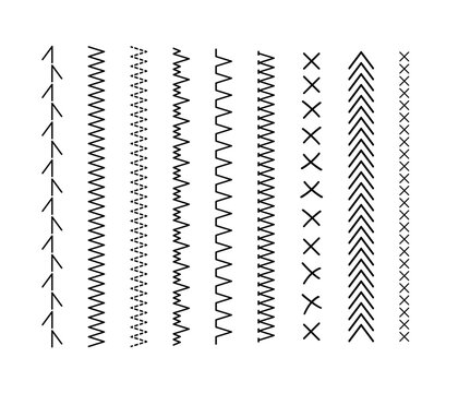 Geometric embroidery borders with decorative sewing patterns. Vector textile dividers featuring cross-stitch motifs, black thread elements, and seamless design edges for creative applications