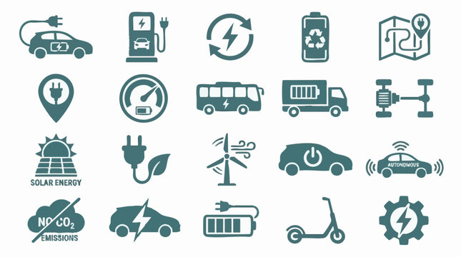Electric Vehicle, Renewable Energy, and Sustainable Transportation Icons Set