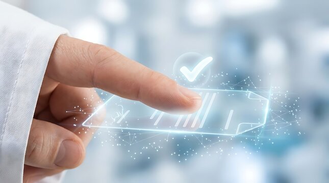 Jari menyentuh layar digital dengan ikon centang dan dokumen