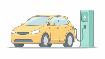 Naklejka premium Yellow electric car charging at a public charging station, vector illustration