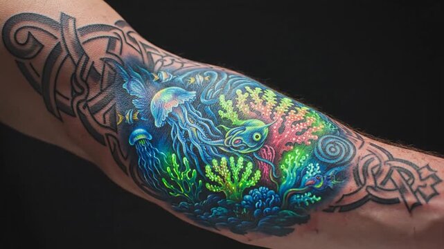 Vibrant underwater scene tattoo with jellyfish and Celtic knotwork