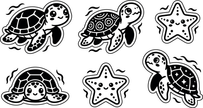 Cute black and white cartoon sea turtles and starfish vector art set