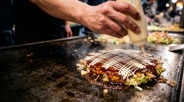 Japanese chef finishing dynamic Okonomiyaki with a dynamic mayonnaise swirl on a Teppanyaki griddle, authentic street food scene.