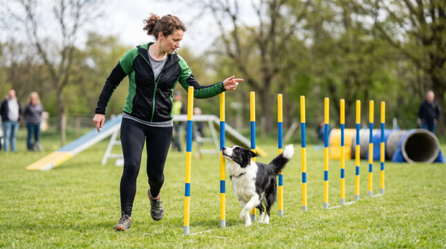 Woman training border collie dog weaving through agility poles