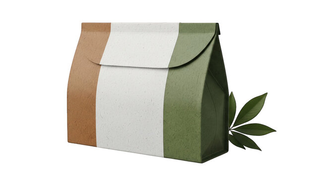 a green, white and brown bag with a leaf on the side