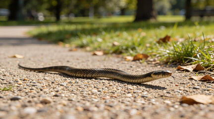 Fototapeta premium Snake slithering on a path surrounded by grass and autumn leaves 