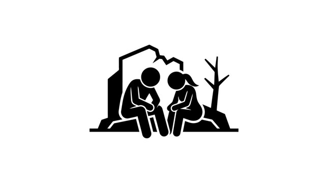 Grief And Support Silhouettes Near A Tombstone