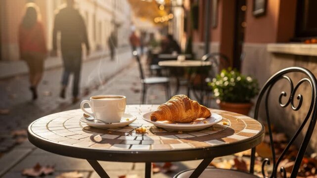 Cozy outdoor cafe scene with fresh croissant and steaming coffee on a sunny cobblestone street