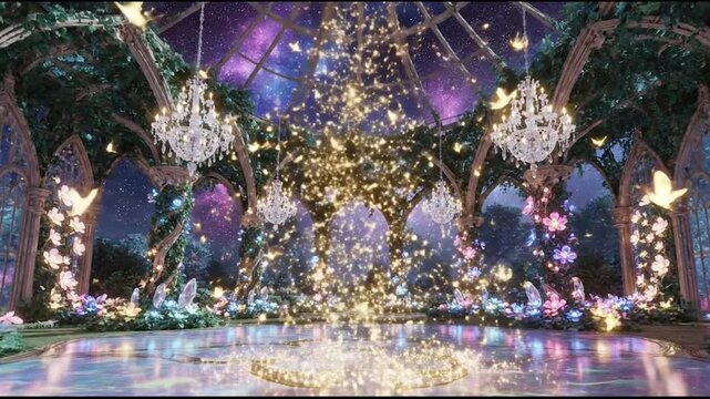 Enchanted garden ballroom within a magical realm seamless looping overlay 4K virtual video animation background FILE VIDEO. AI GENERATED.