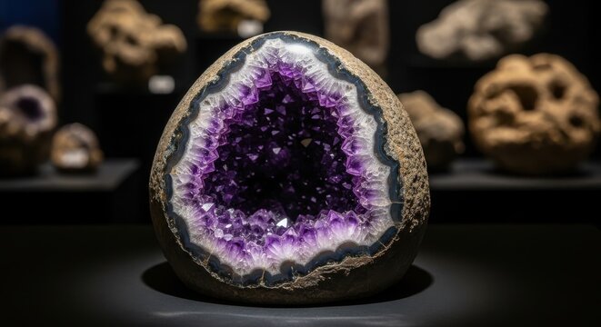 A Perfectly Formed Amethyst Geode Showcasing Vibrant Purple Crystals Inside its Rough Exterior