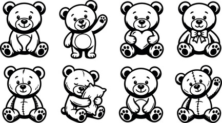 Fototapeta premium Black and white line art teddy bears with various poses and details
