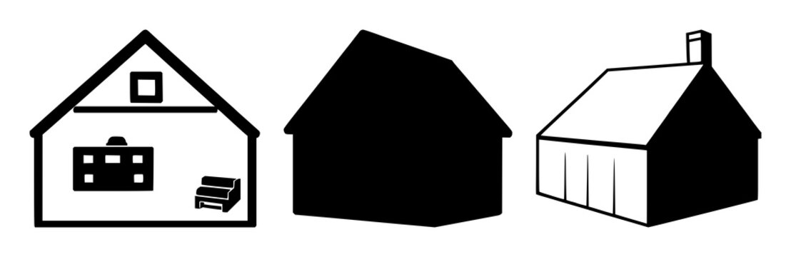 Attic icon set with solid black symbols on white background featuring attic, storage, roofline with line art and vector icon