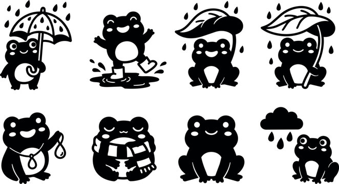 Cute black and white frog with umbrella leaf and rain droplets vector art