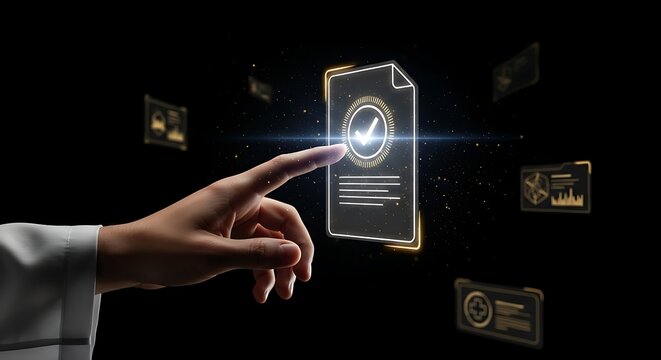 Tangan menyentuh ikon dokumen digital dengan tanda centang di layar futuristik