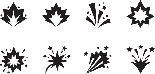 Set of Abstract Spark and Firework Explosion Silhouette Icons © rofikgraph24