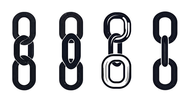 Four stylized chains of varying designs in black and white on a clean white background