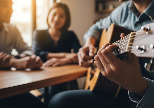 People gathered around playing guitar acoustic guitar