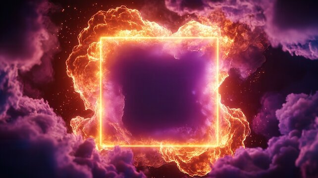 Glowing red neon rectangle frame surrounded by abstract energy smoke creating futuristic digital border