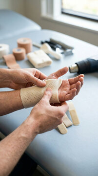Close-up of occupational therapist's hands adjusting thermoplastic splint for immobilized hand and wrist of patient in rehabilitation clinic