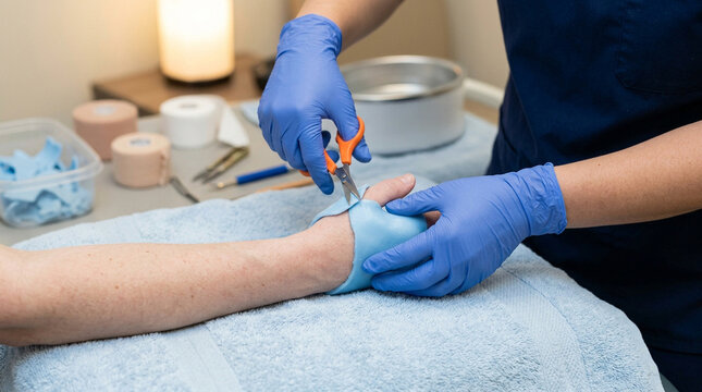 Close-up of occupational therapist's hands adjusting thermoplastic splint for immobilized hand and wrist of patient in rehabilitation clinic