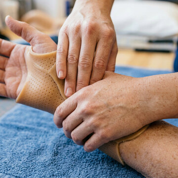 Close-up of occupational therapist's hands adjusting thermoplastic splint for immobilized hand and wrist of patient in rehabilitation clinic
