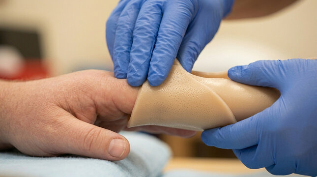 Close-up of occupational therapist's hands adjusting thermoplastic splint for immobilized hand and wrist of patient in rehabilitation clinic