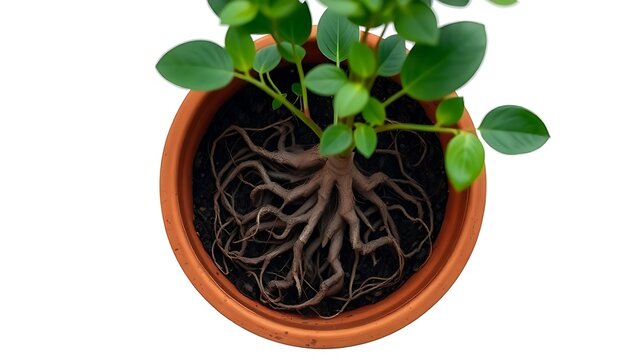 constriction. A root-bound plant in a terracotta pot, roots circling inside, top-down view. gardening catalogs, home-decor guides, designed for gardening and botanical catalogs.