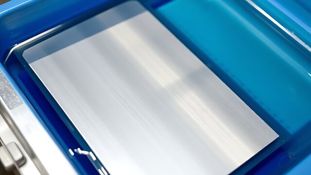 electroplating. Rectangular metal sheet acquiring a shiny silver coating in blue solution. safety posters, maintenance manuals, designed for industrial assembly lines and welding operations.
