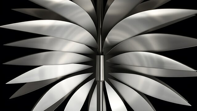 rhythmic. Smooth, asymmetrical metallic lobes arranged in a rhythmic pattern along a central shaft. safety posters.