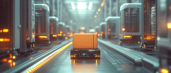 Fototapeta premium An autonomous robot carrying a box travels down a well-lit corridor, showcasing innovation and serving as a backdrop for logistics or technology.