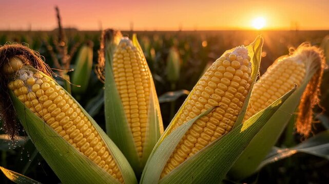 Fresh ripe corn cobs in green husks with morning dew in a sunlit cornfield at sunrise