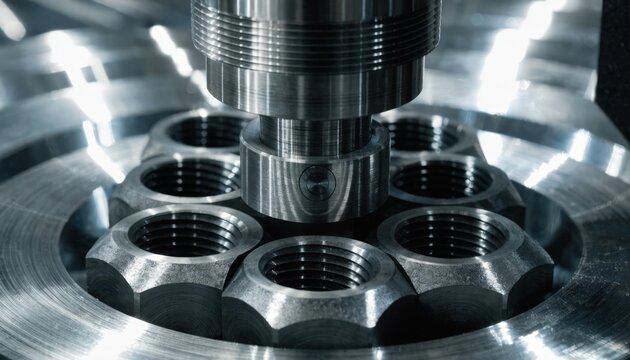 Industrial closeup of a roll tap machine forming internal threads within nut bodies highlighting smooth thread profile creation without metal removal.