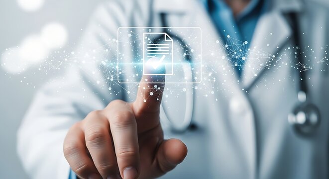 Dokter Menunjuk Ikon Dokumen Dengan Tanda Centang Pada Layar Digital Teknologi Medis