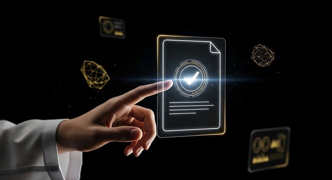 Tangan menyentuh dokumen digital dengan tanda centang di layar futuristik