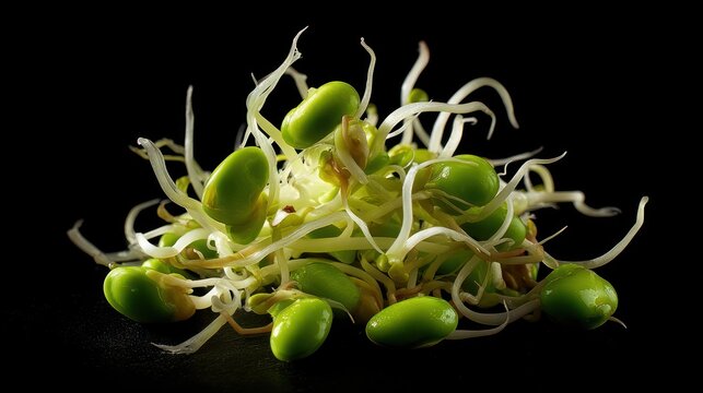 Sprouted soybeans with rootlets on a black background, fresh and vibrant