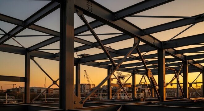Sleek steel framework of a modern construction project against a vibrant sunset sky