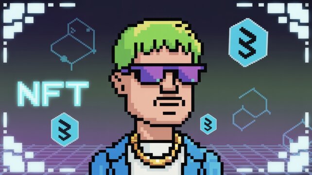 Pixel art NFT character, cryptocurrency avatar, blockchain illustration, digital art token