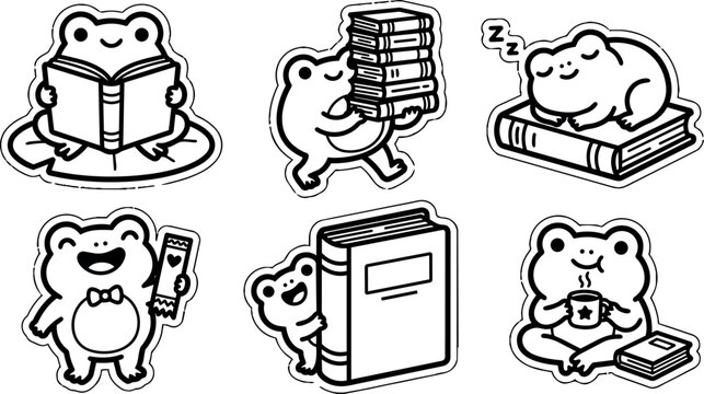 Black and white cartoon frogs reading carrying books and drinking coffee vector art