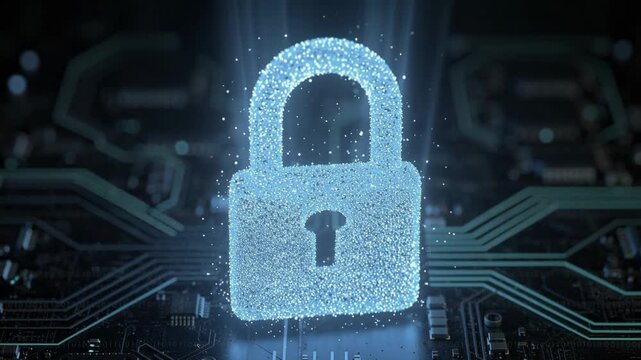 Glowing digital lock above circuit board representing cybersecurity and data protection technology