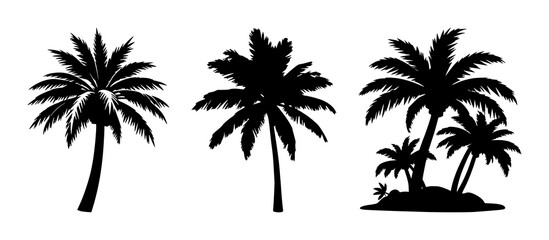 Fototapeta premium Palm tree icon set with solid black design on white background featuring resort, tropical, line art with vector and illustration