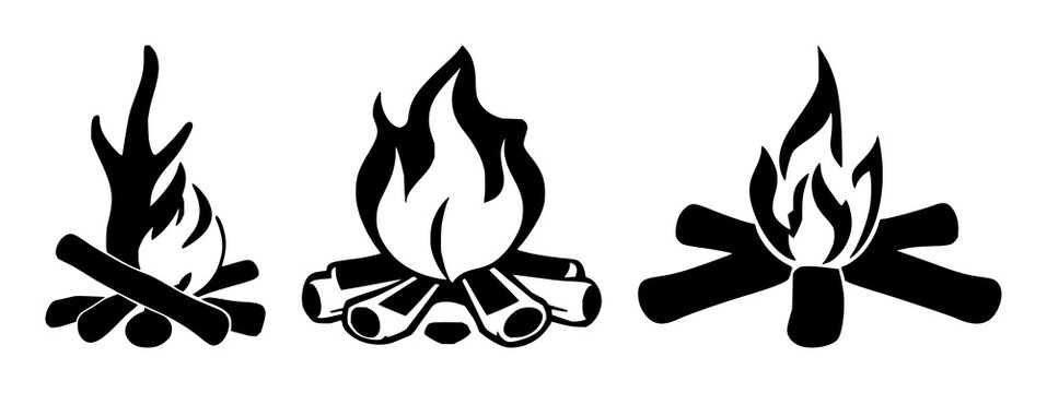 Campfire icon set with solid black flame shape on white background featuring black line, single color, simple illustration with minimal design and outline